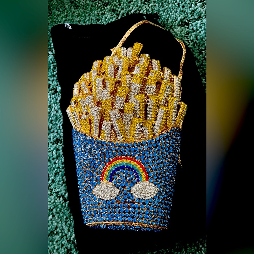 Blue and gold rhinestone french fries purse
